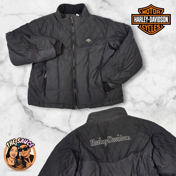 Harley Davidson Quilted Down Puffer Jacket Womens XXL Black Biker Embroidered
